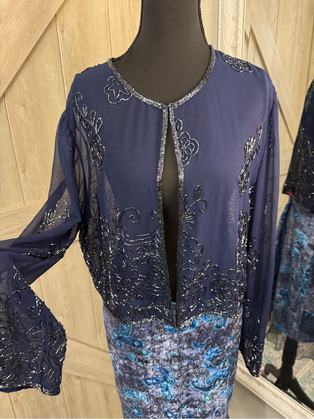 Scala Silk Blouse Sheer Navy Blue Heavy Beaded Sequin Evening Cardigan Top - XL